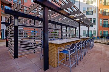 a bar with bar stools on a patio